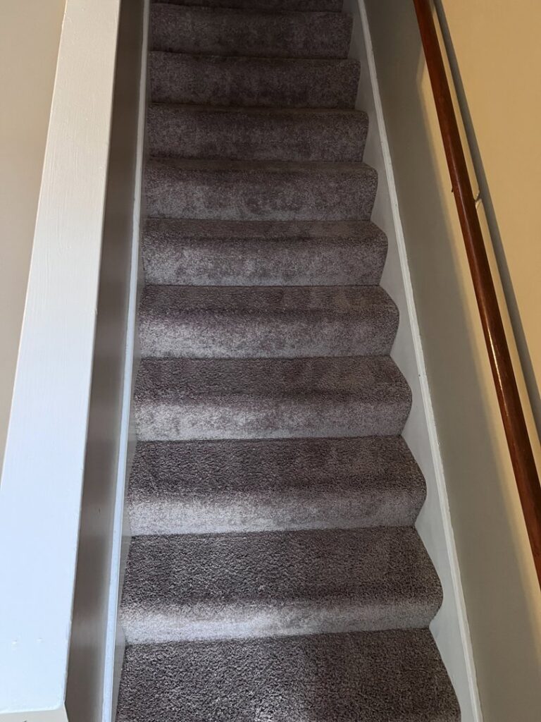 A clean light-colored hallway carpet with visible cleaning lines after professional service by Hampton Carpet Cleaning Pros in Hampton, VA.