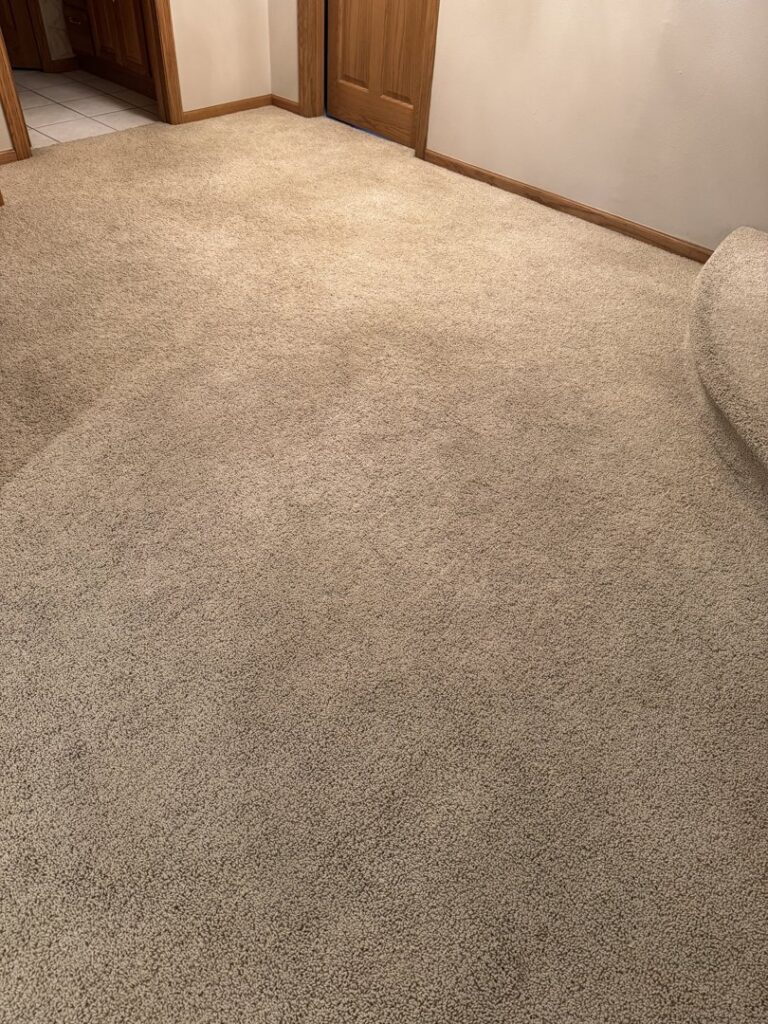 A clean light brown carpet in a room after professional service by American Dream Carpet Cleaning in Cedar Rapids, IA.