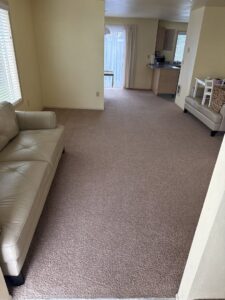 A clean, light brown carpet in a living room, showcasing a completed service by Mace Carpet Services in Tacoma, WA