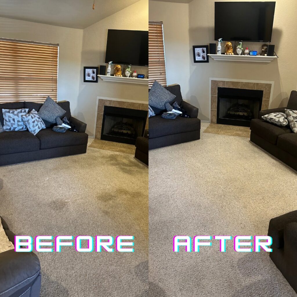 Before and after cleaning a living room carpet, showing significant improvement by Arkansas Floor and Upholstery Care LLC in Fort Smith, AR.
