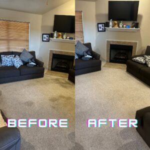 Before and after cleaning a living room carpet, showing significant improvement by Arkansas Floor and Upholstery Care LLC in Fort Smith, AR.