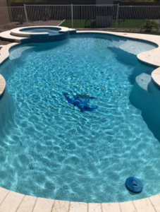 A sparkling clean swimming pool with a robotic cleaner visible, showcasing maintenance by Edward's Pool Service, LLC in Gilbert, AZ.
