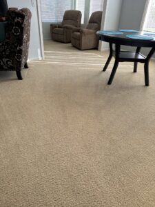 A clean, light-colored residential carpet in a living room, showcasing the results from KODA Carpet Cleaning in Holland, MI.
