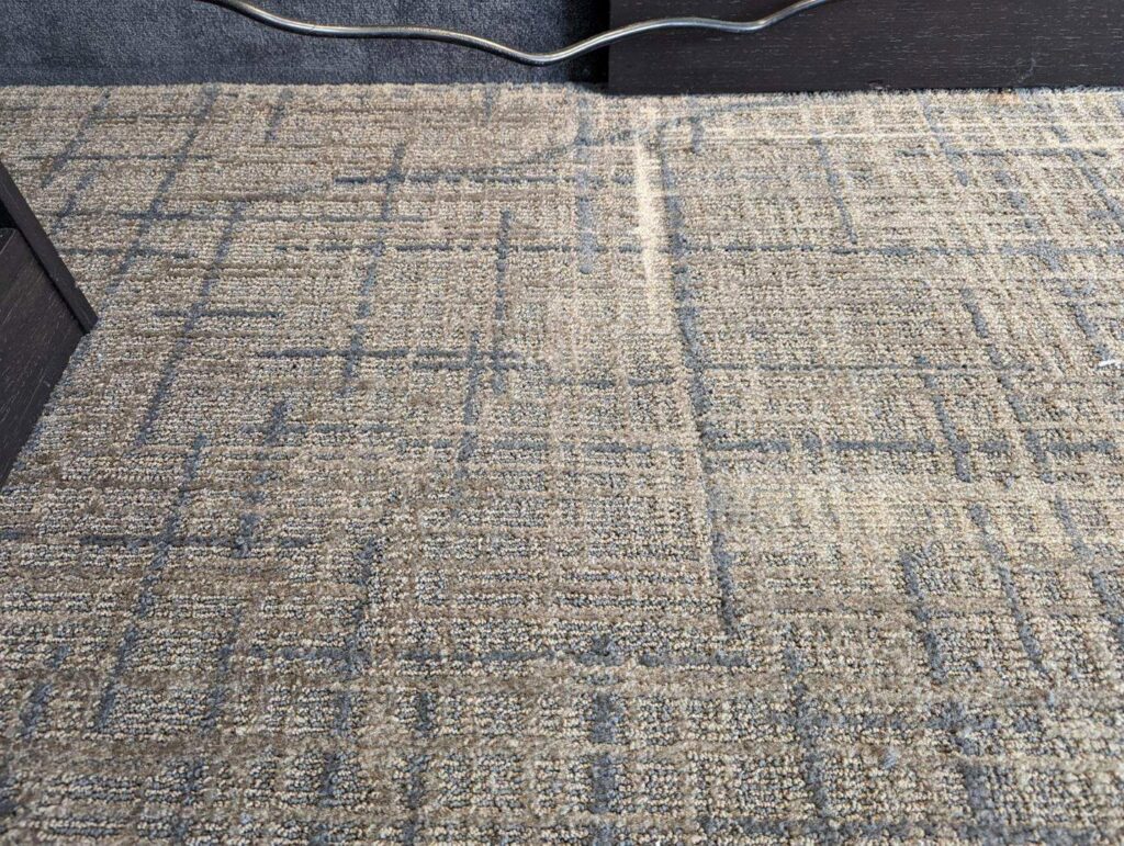 A visible clean strip on a patterned carpet demonstrating cleaning effectiveness by The Carpet Chemist in Louisville, KY.