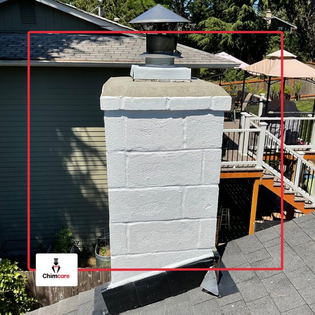 A clean and well-maintained white brick chimney exterior on a roof, demonstrating expert care by Chimney Care experts in Doraville, GA.