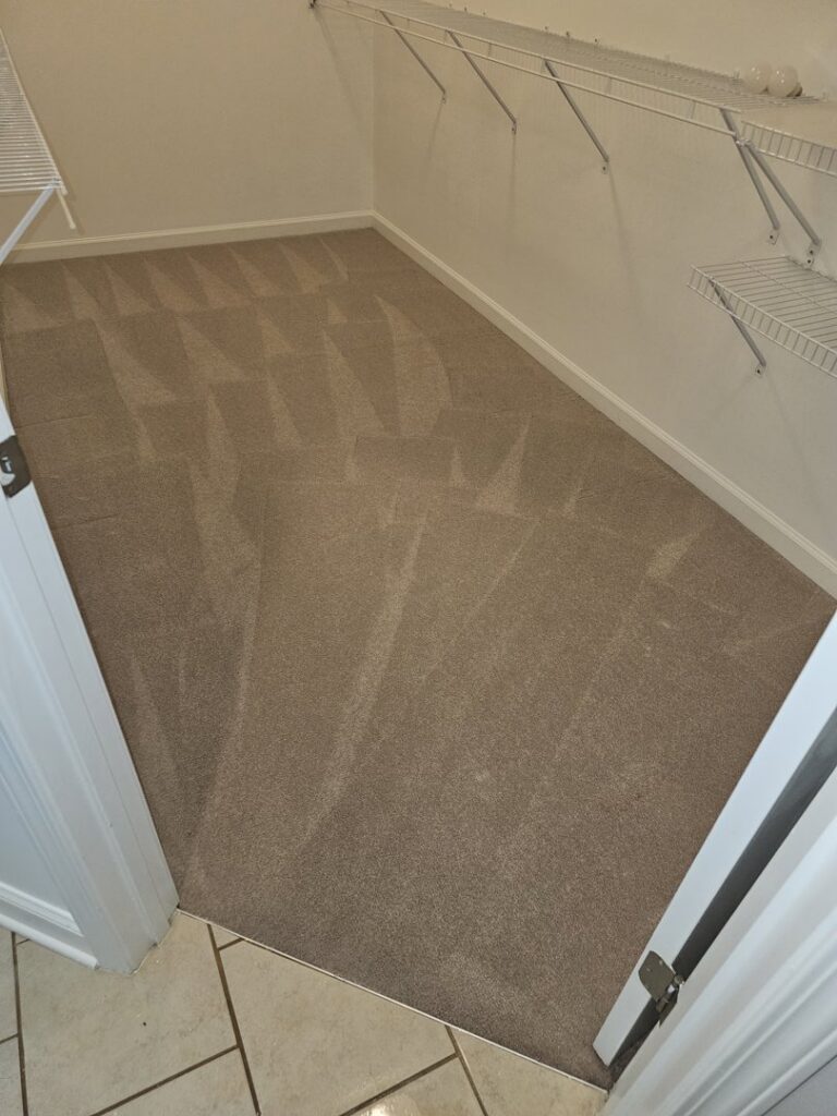 A freshly cleaned carpet with distinct vacuum lines in a closet by Right & Clean Atlanta 24-7 Carpet Cleaning in Atlanta, GA.