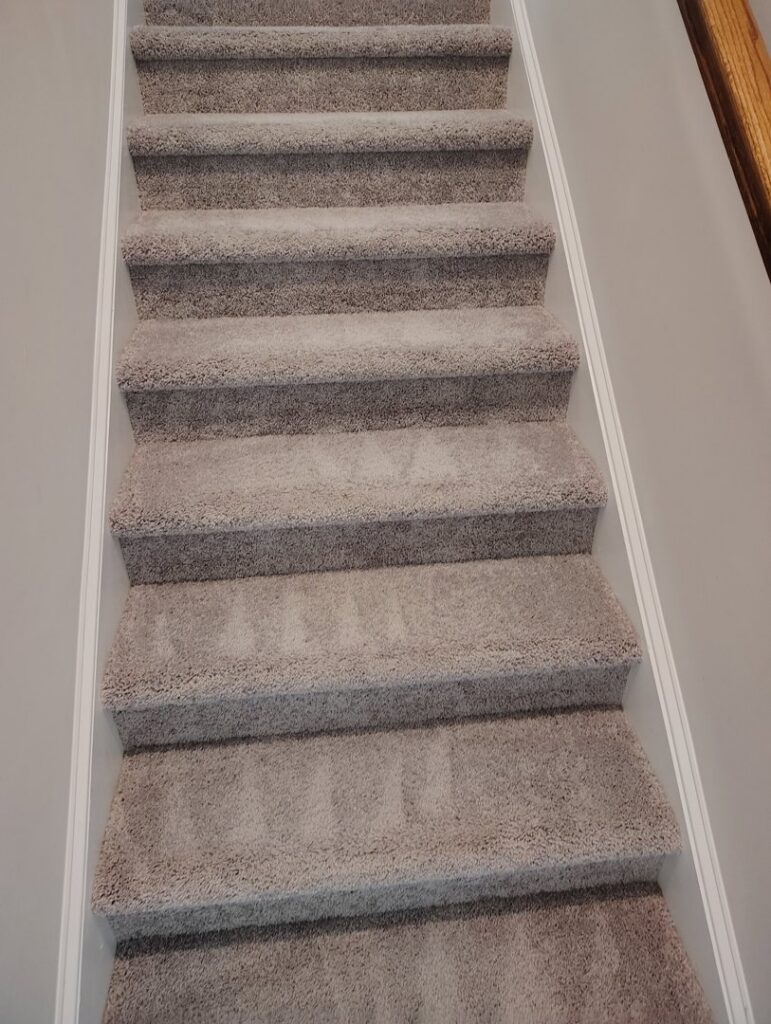 A freshly cleaned carpeted staircase with distinct cleaning patterns by D&D Carpet Cleaning & Janitorial in West Columbia, SC