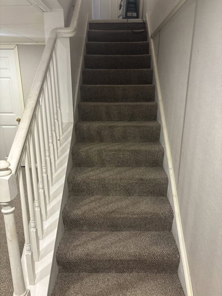 A freshly cleaned carpeted staircase with visible vacuum lines by Ready2go Professional Carpet & Upholstery Cleaning in Boston, MA