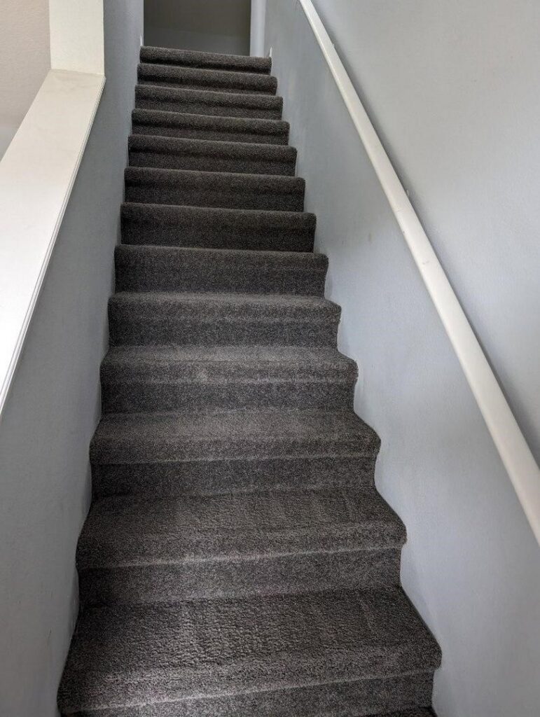 A freshly cleaned carpeted staircase with visible lines after service by Tampa Steam Team in Plant City, FL.