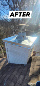 A newly installed or cleaned chimney cap and flashing on a residential roof after service by Chimney Inc. in Knoxville, TN.