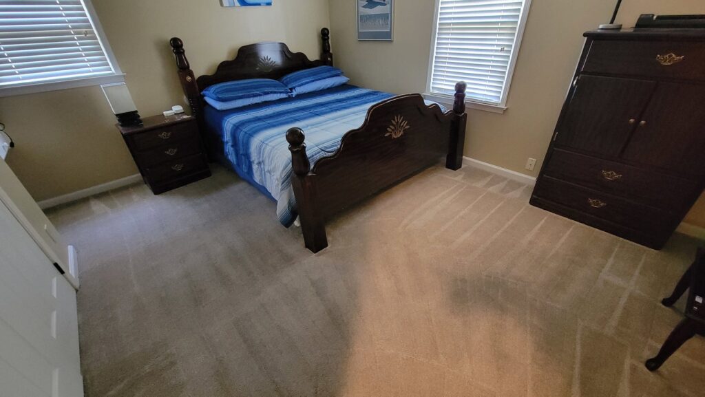 A living room with light-colored carpet showing distinct cleaning lines after a professional cleaning by Reynolds Carpet Care in Henrico, VA.