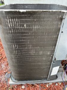 A thoroughly cleaned outdoor air conditioning coil after maintenance by Nacho Heating & Cooling Plus Co. in Crest Hill, IL