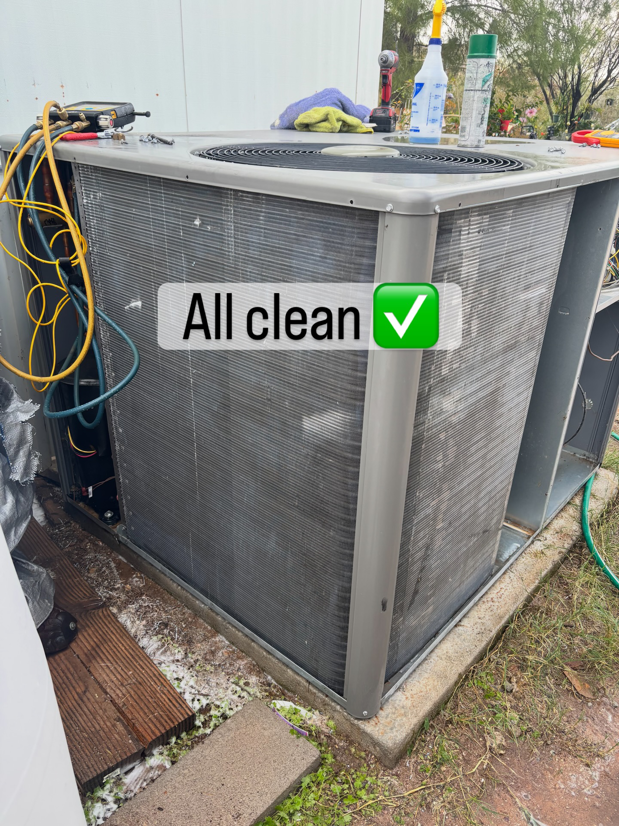 A freshly cleaned outdoor AC condenser unit after service by Rite Way Heating, Cooling & Plumbing of Phoenix, AZ.