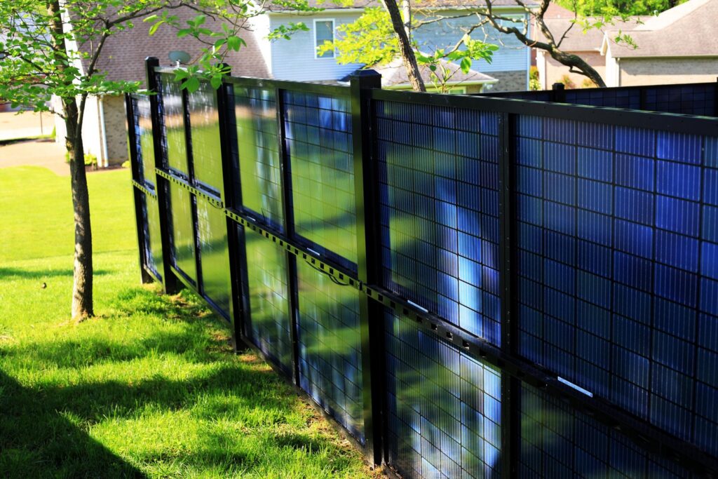 A close-up view of blue solar fence panels, showcasing the product of Sol Fence LLC in Evansville, IN.