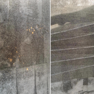 Close-up before and after view of a grey carpet cleaning service by Dyenasty Carpet in Baltimore, MD.
