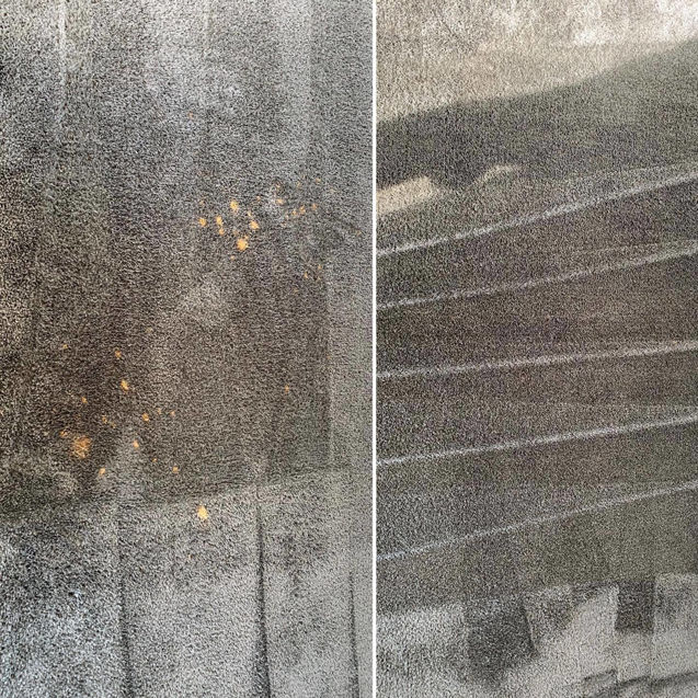 Close-up before and after view of a grey carpet cleaning service by Dyenasty Carpet in Baltimore, MD.