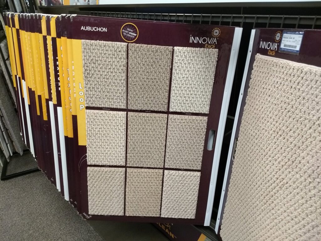 Close-up of various carpet texture and color samples on display at Prosource of Erie in Erie, PA.