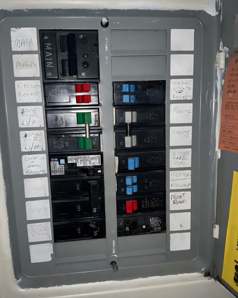 A close-up view of circuit breakers inside an electrical panel, serviced by Mr. Electric of Lakeland, FL.