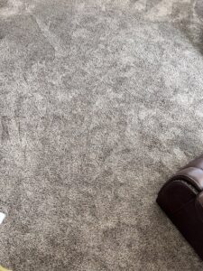 A close-up view of a clean, textured grey carpet after professional service by Goode Home Services in Dover, DE.