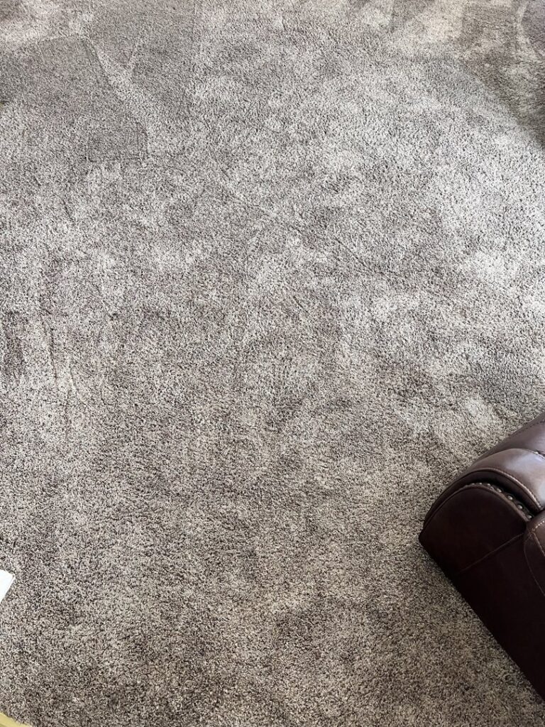 A close-up view of a clean, textured grey carpet after professional service by Goode Home Services in Dover, DE.