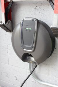 A close-up view of an electric vehicle charger installed by WireMasters Electric, Inc. in Miami, FL.