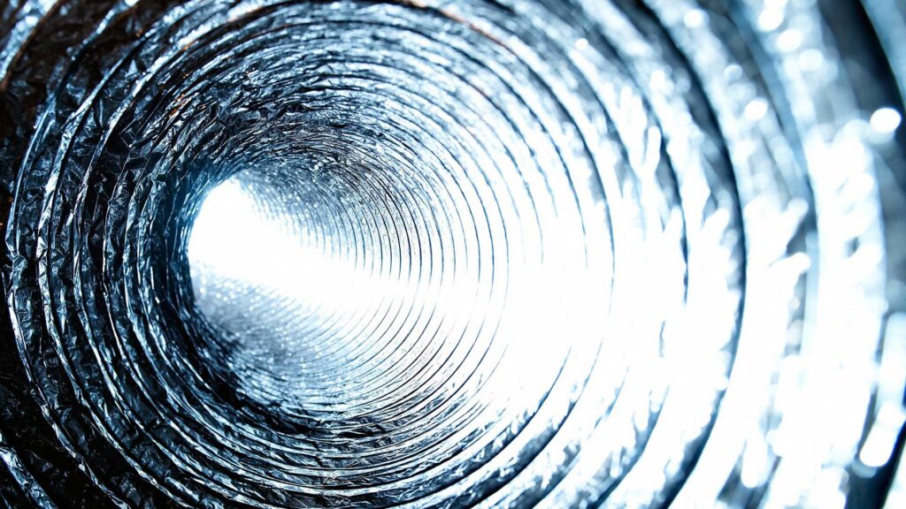 A close-up view inside flexible ductwork, representing HVAC system components from Mid-City HVAC, INC. in Chicago, IL.