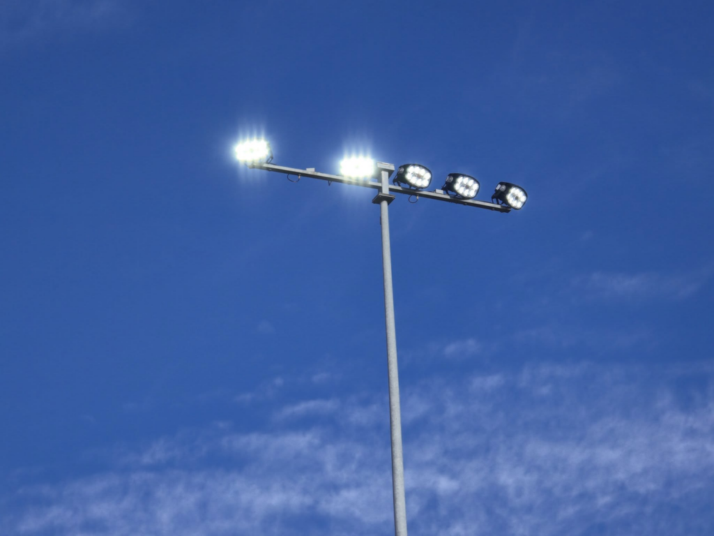 A close-up view of modern LED stadium lights installed by TET Light Solutions LLC in Cedartown, GA.