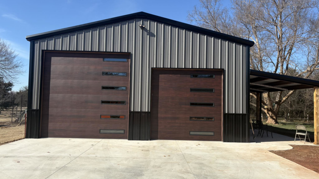 A close-up view of a modern brown garage door with horizontal windows installed by Okie Garage Door Specialist in Tulsa, OK