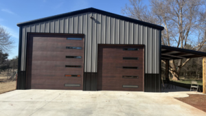 A close-up view of a modern brown garage door with horizontal windows installed by Okie Garage Door Specialist in Tulsa, OK