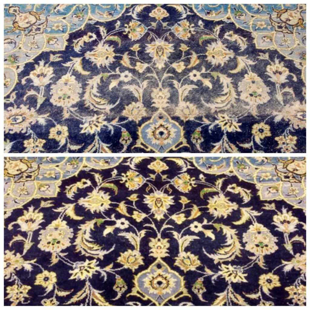 A close-up view of the impressive before and after results of professional rug cleaning by Nilipour Oriental Rugs in Homewood, AL