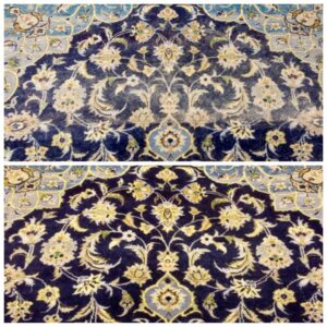 A close-up view of the impressive before and after results of professional rug cleaning by Nilipour Oriental Rugs in Homewood, AL