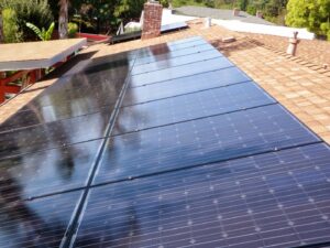A close-up view of solar panels installed on a residential roof by Element Power Systems, Inc. in Brentwood, CA