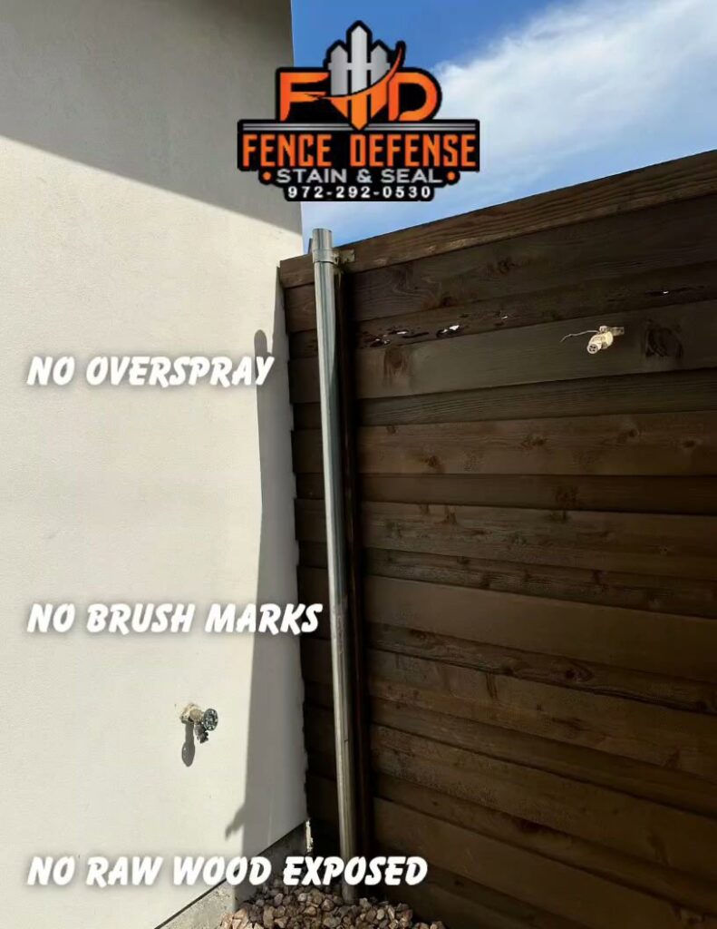 Close-up of a stained fence demonstrating no overspray or brush marks, showcasing quality work by Fence Defense in Plano, TX