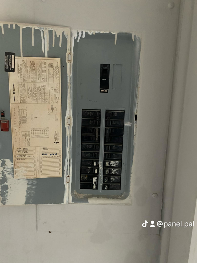 A closed electrical breaker panel with a main breaker and circuits, serviced by The Panel Pal in Bethlehem, GA.