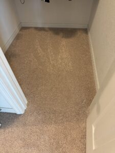 A small closet with newly installed light brown carpet by First Quality Carpets Inc. in Orlando, FL