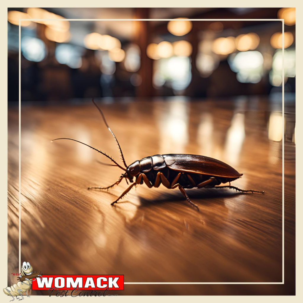 A large cockroach on a wooden floor, indicating a pest problem that Womack Pest Control can resolve in Rockville, MD.