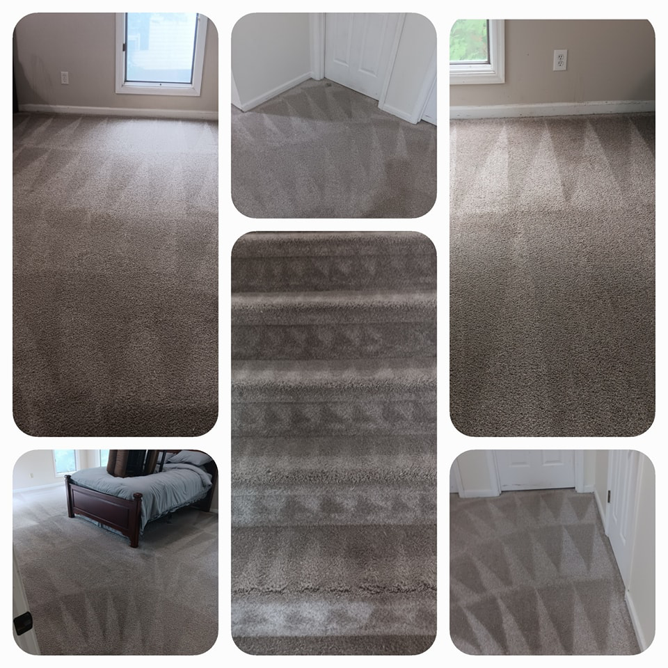 A collage showing multiple rooms and stairs with clean carpets after service by Clear Vision Carpet & Floor Care, Inc. in Newnan, GA.