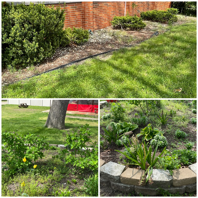 A collage showcasing landscaping and garden bed maintenance services by Riley's Lawn Care Service in South Bend, IN.