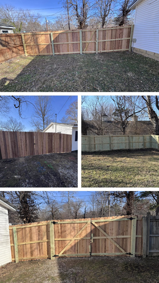 A collage showcasing various wood fence installations, including gates, completed by Mayan Fence & Outdoor LLC in Phoenix, AZ.