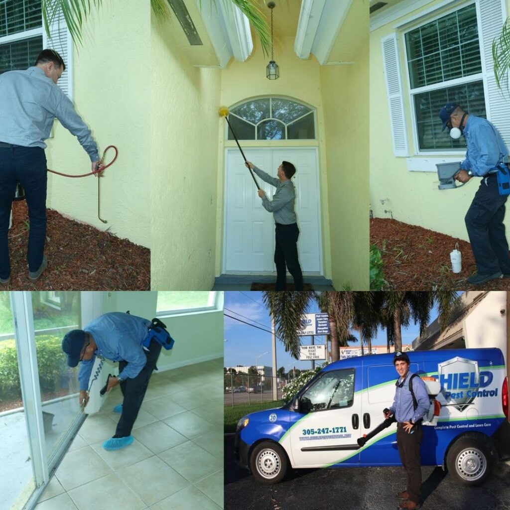 A collage showing Shield Pest Control technicians performing various pest control services in Homestead, FL.
