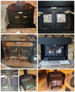 A collage showing various wood stove and fireplace insert installations and repairs by Chimney Karma in Fort Collins, CO.