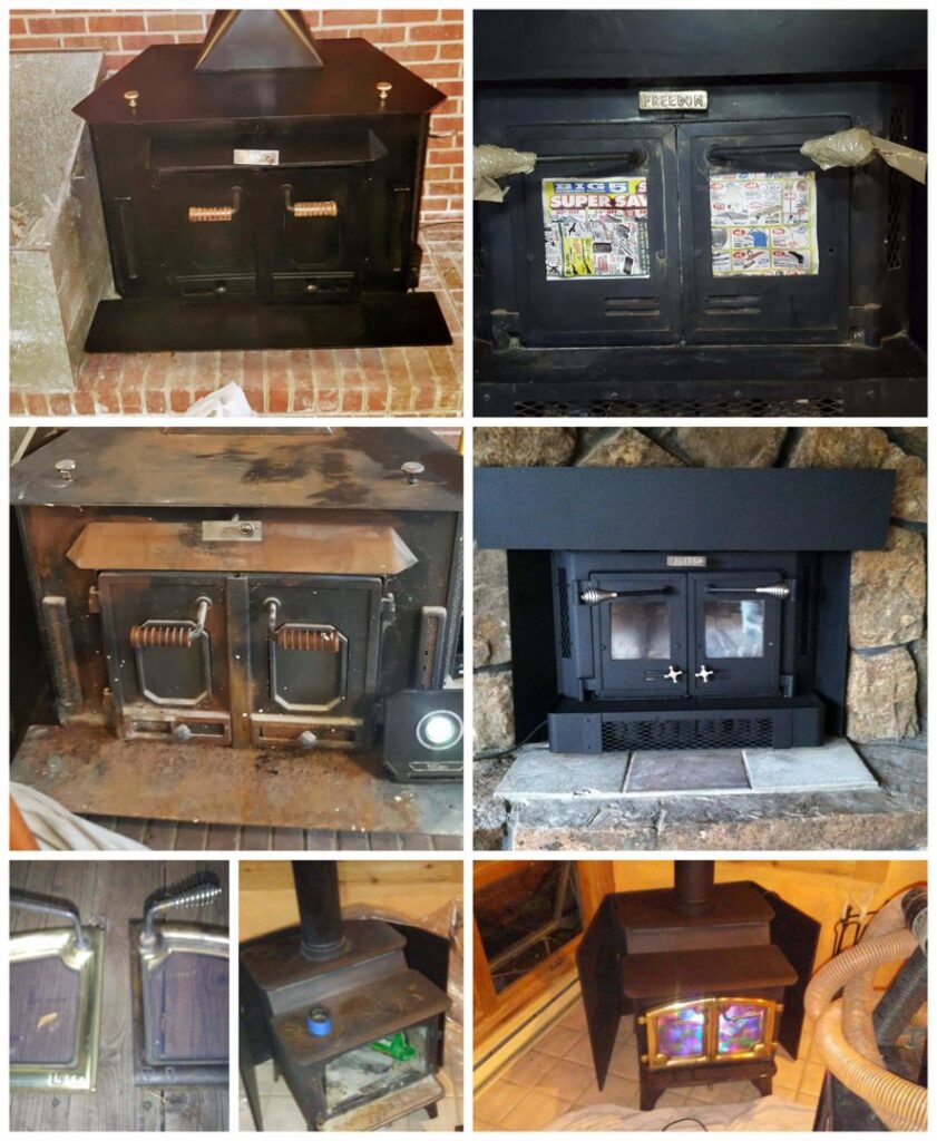 A collage showing various wood stove and fireplace insert installations and repairs by Chimney Karma in Fort Collins, CO.