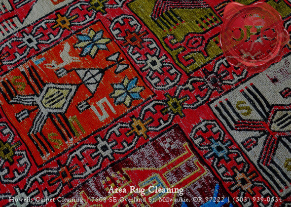 A colorful area rug, ready for or after professional cleaning by Howells Carpet Cleaning in Milwaukie, OR.