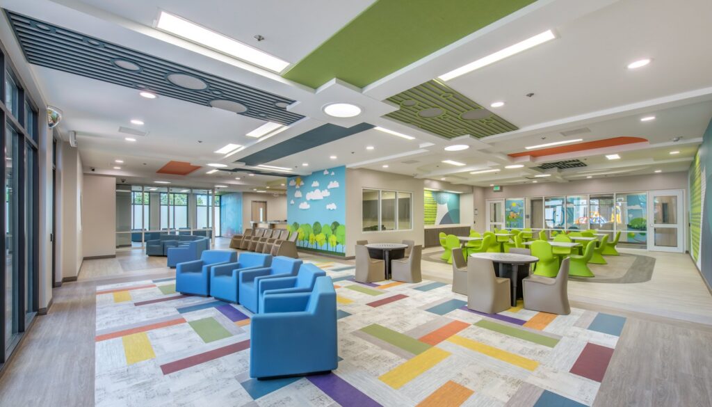 Vibrant and colorful carpet tile installation in a commercial space by DCO Commercial Floors in Atlanta, GA.
