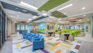 Vibrant and colorful carpet tile installation in a commercial space by DCO Commercial Floors in Atlanta, GA.