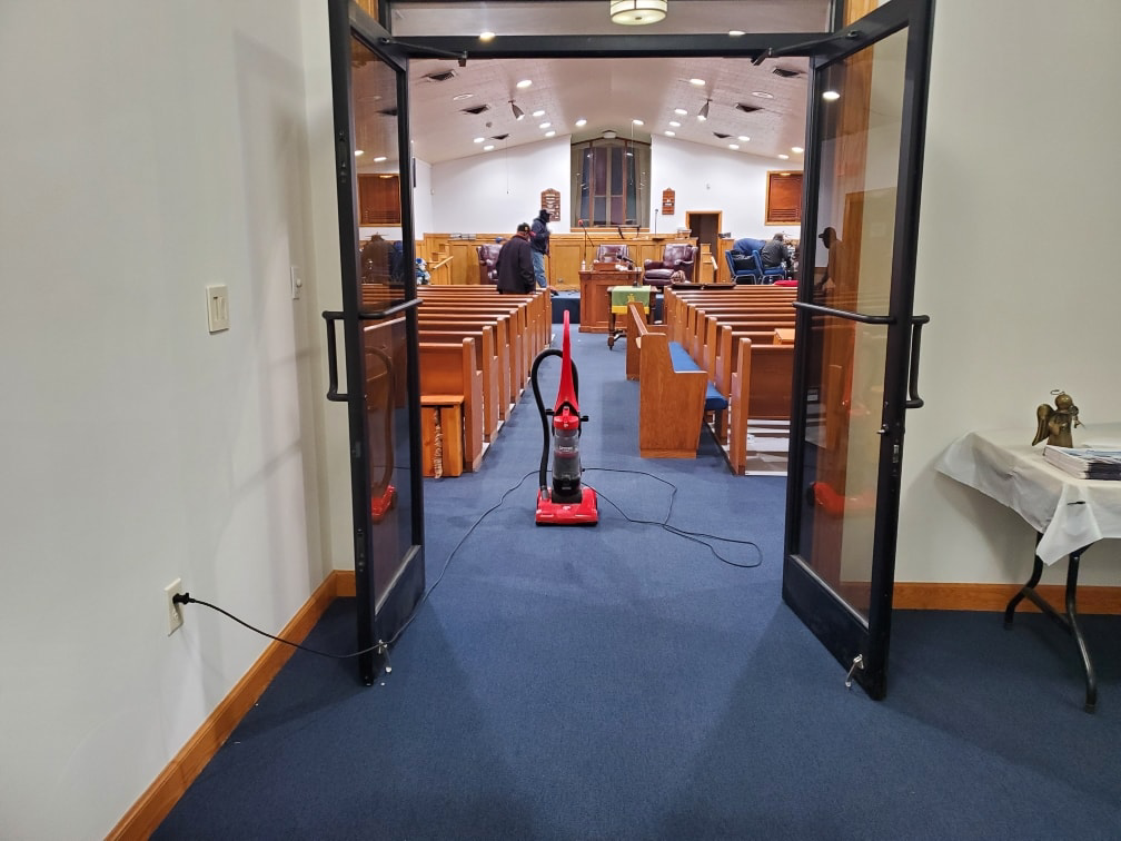 Commercial blue carpet installation in a church sanctuary by VA Carpet Connection LLC in Chesapeake, VA.