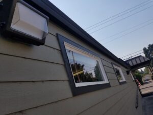 Exterior of a commercial building showcasing new outdoor lighting installed by Oregon Commercial Lighting in Eugene, OR.