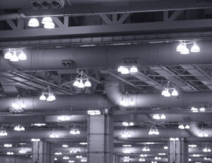 Bright overhead lighting installed in a large commercial building by LMS Energy in Milwaukee, WI.