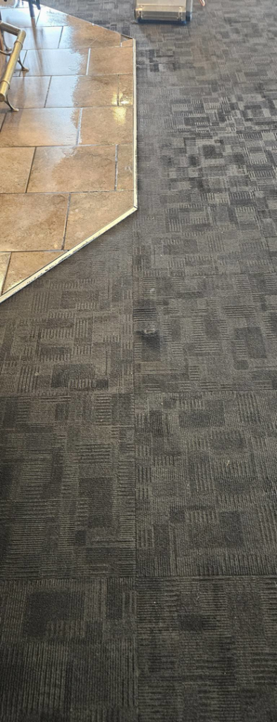 Commercial patterned carpet and wet tile flooring during cleaning by American Carpet Care, Inc. in Watertown, SD.