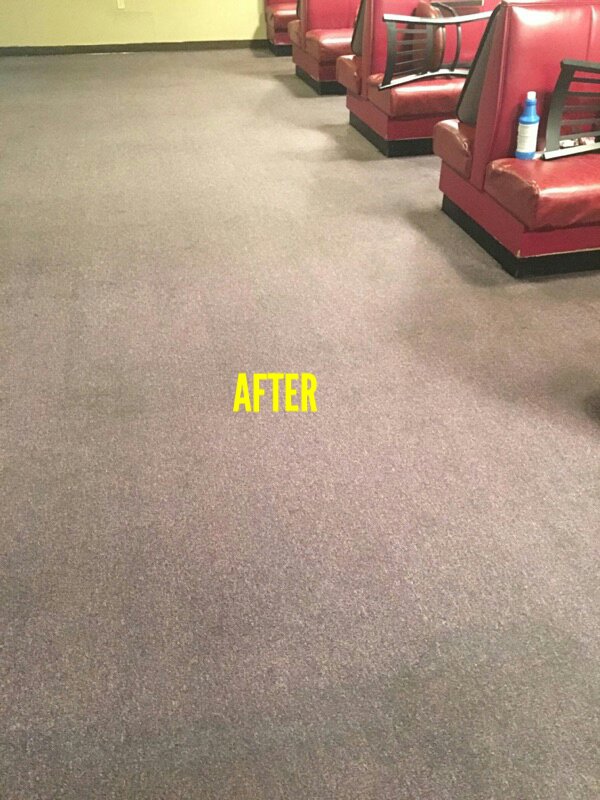 Cleaned commercial carpet after service by Mint Carpet Care in Dallas, TX, with restaurant booths in the background